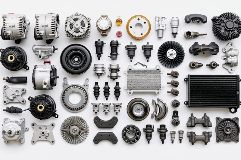 Assorted automotive spare parts arranged in grid on white background