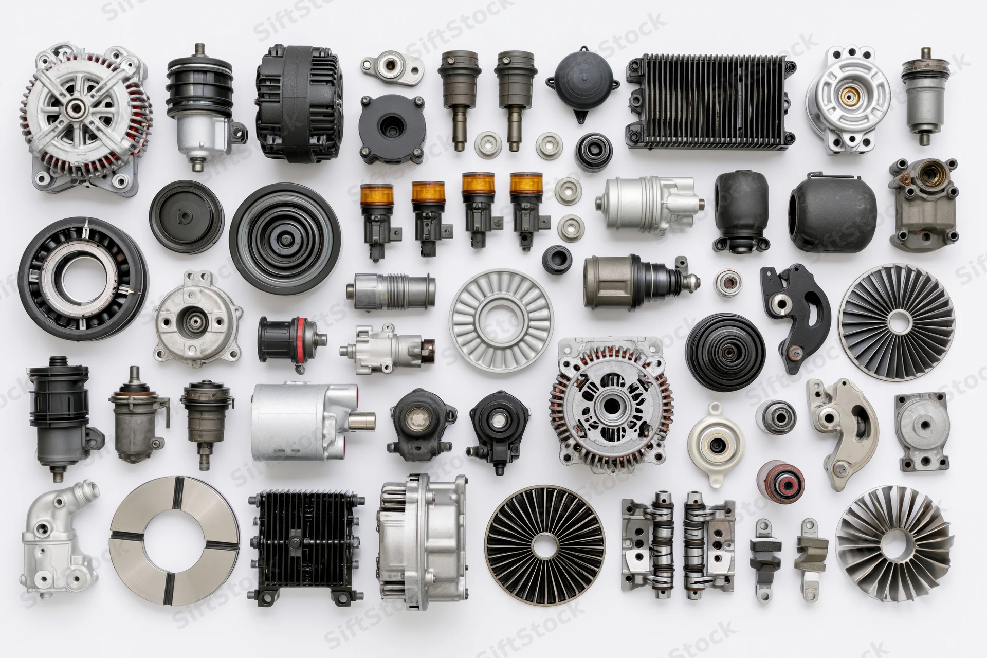 Assorted automotive spare parts arranged in flat lay on white background