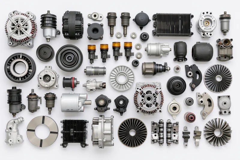 Assorted automotive spare parts arranged in flat lay on white background