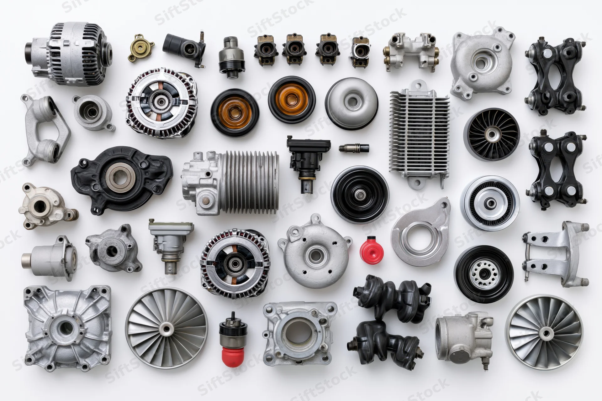 Assorted automotive spare parts arranged in flat lay on white background