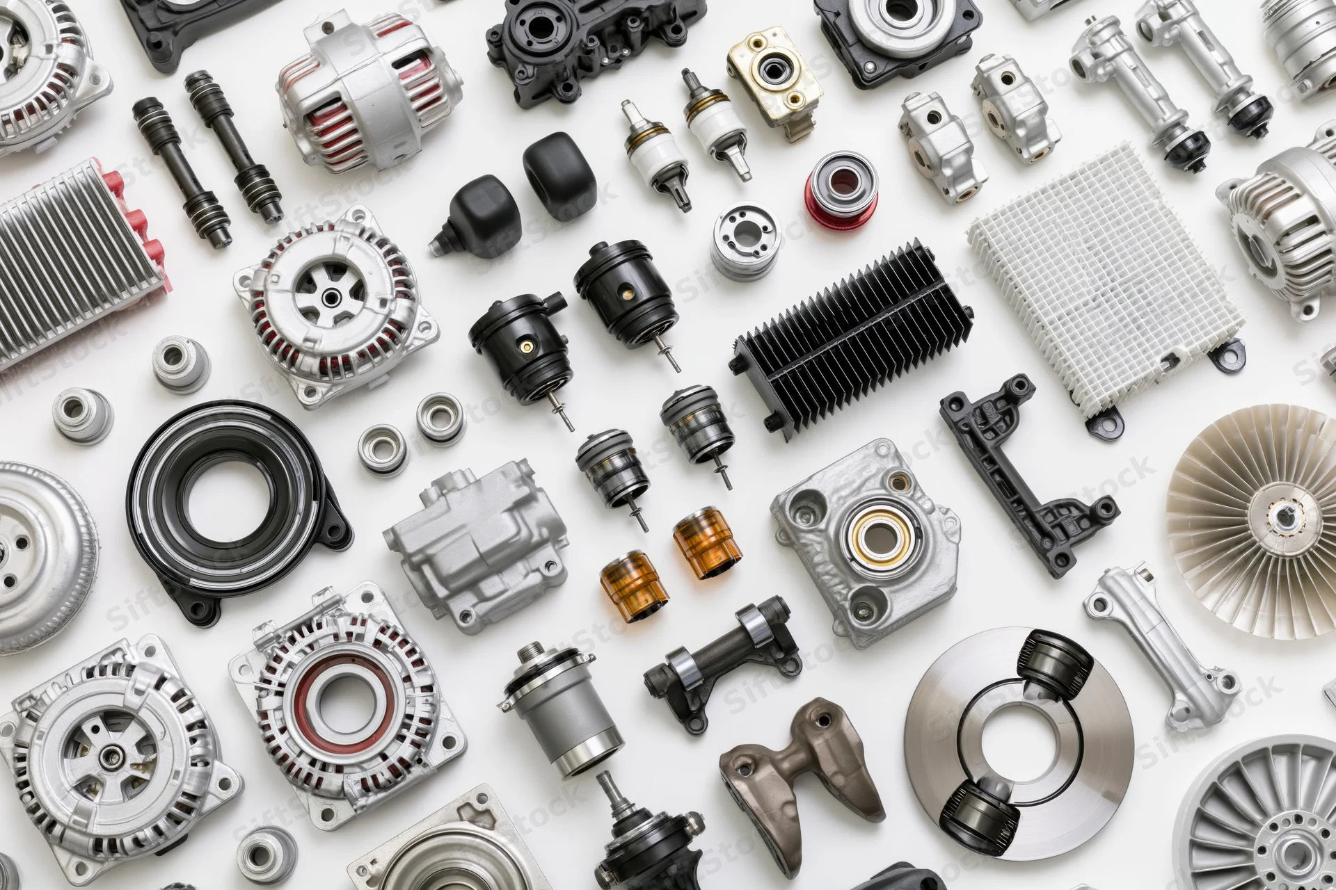 Assorted automotive spare parts arranged in flat lay on white background