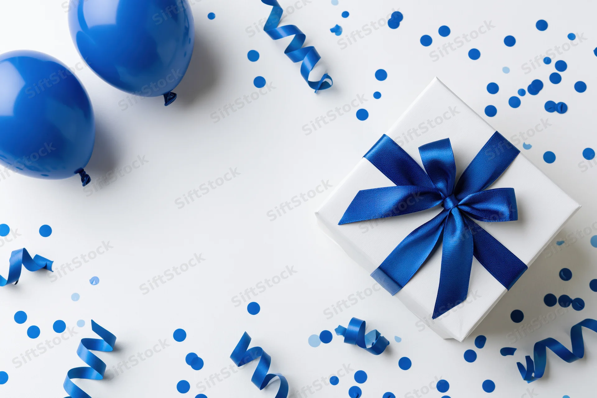 White gift box with blue ribbon and balloons on a clean white surface surrounded by confetti and streamers