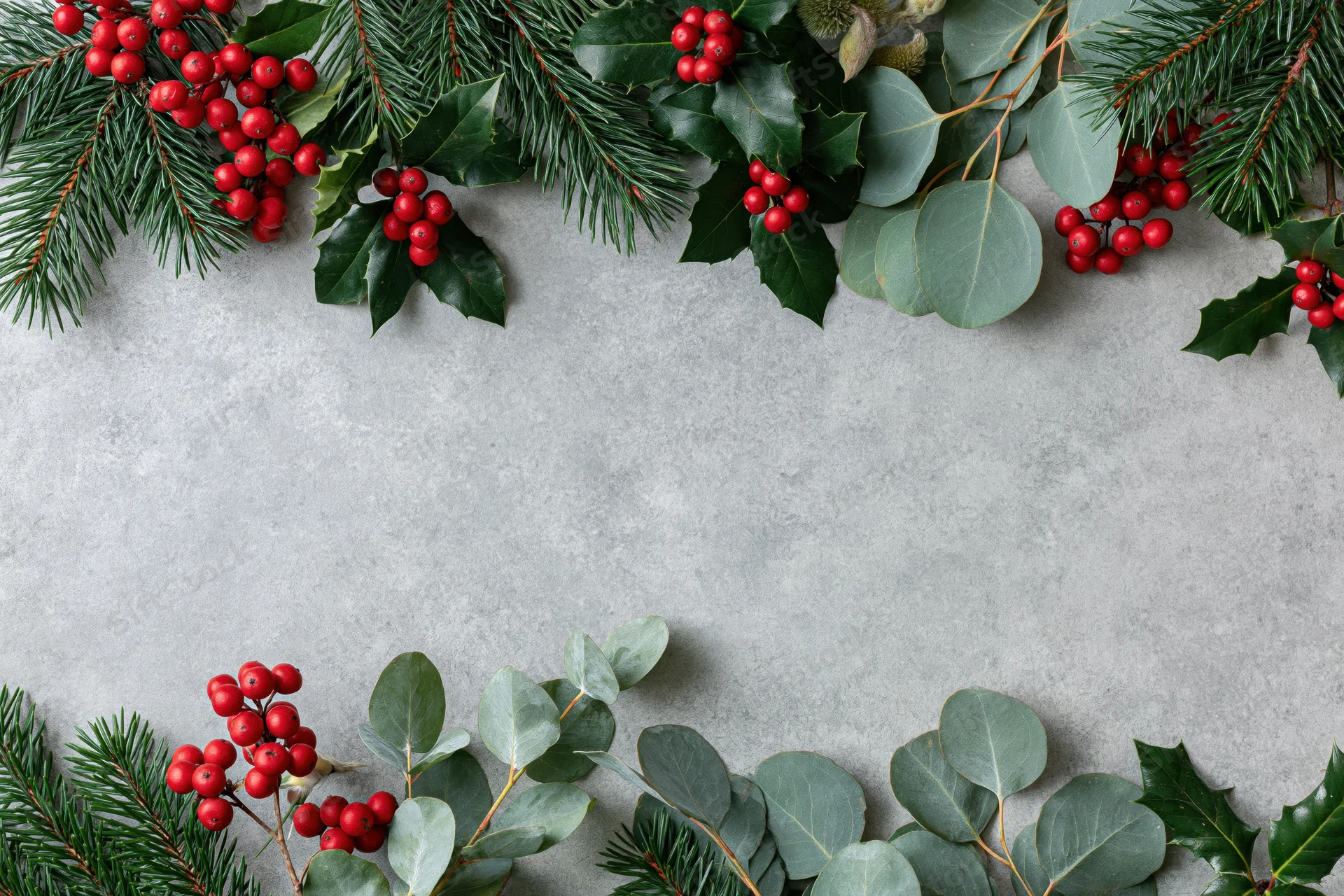 Christmas botanicals arranged along the top and bottom edges of a gray surface with copyspace in the center