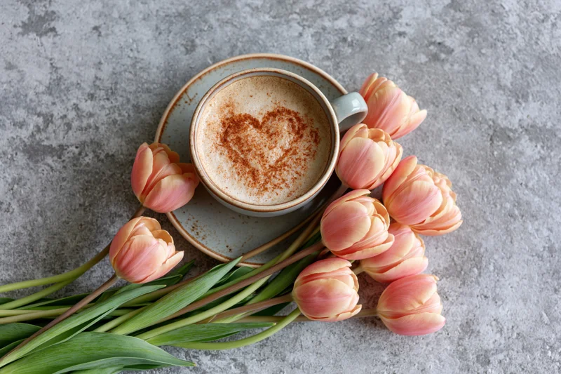 Ceramic cappuccino cup with heart-shaped cinnamon design and pink tulips arranged on gray concrete surface