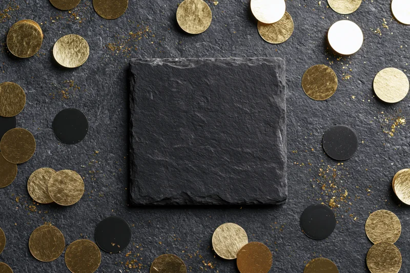 Dark slate rectangle centered on textured surface surrounded by gold and black circular coins with scattered glitter