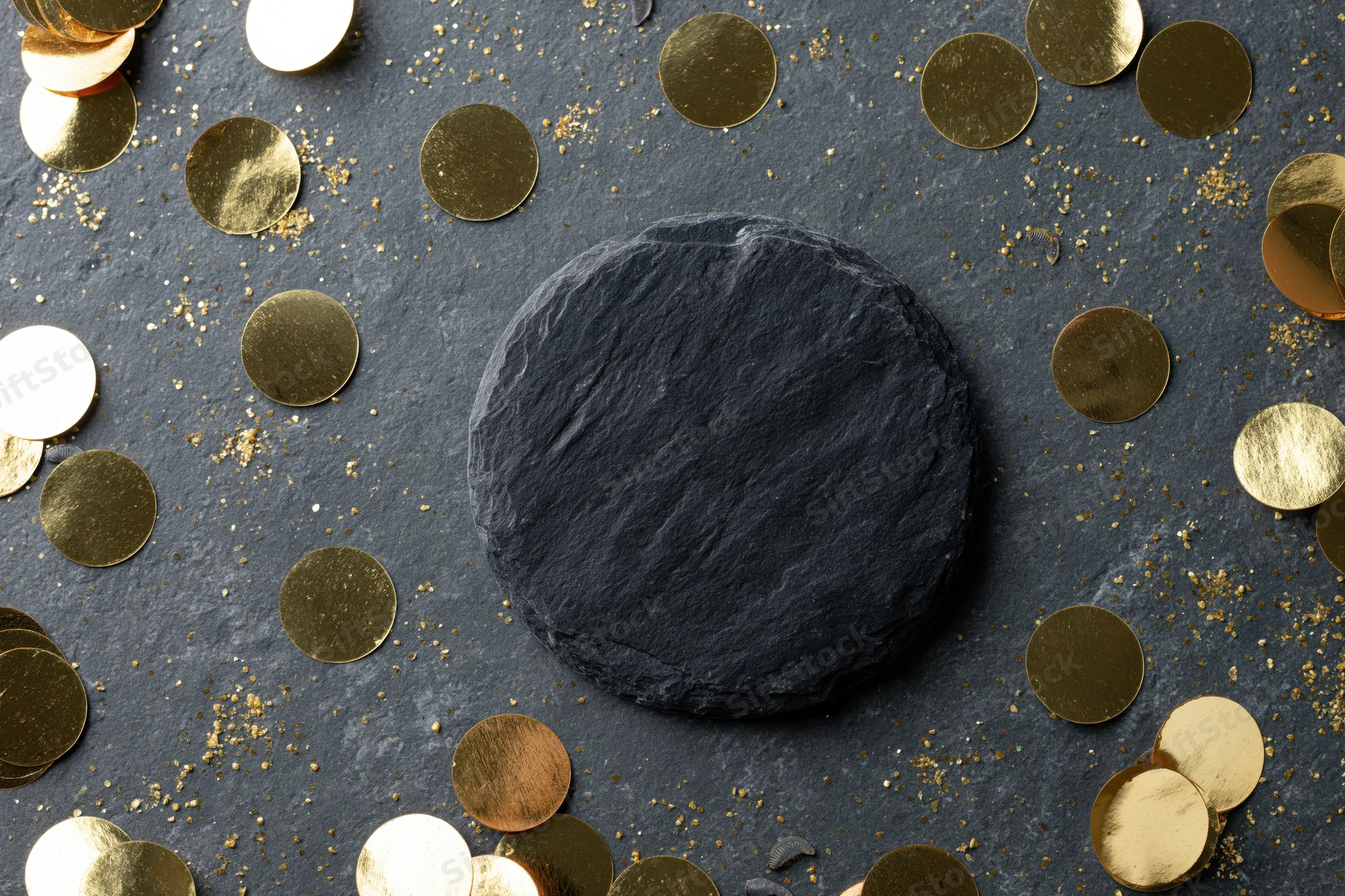 Dark circular slate stone centered on textured surface surrounded by gold coins and confetti