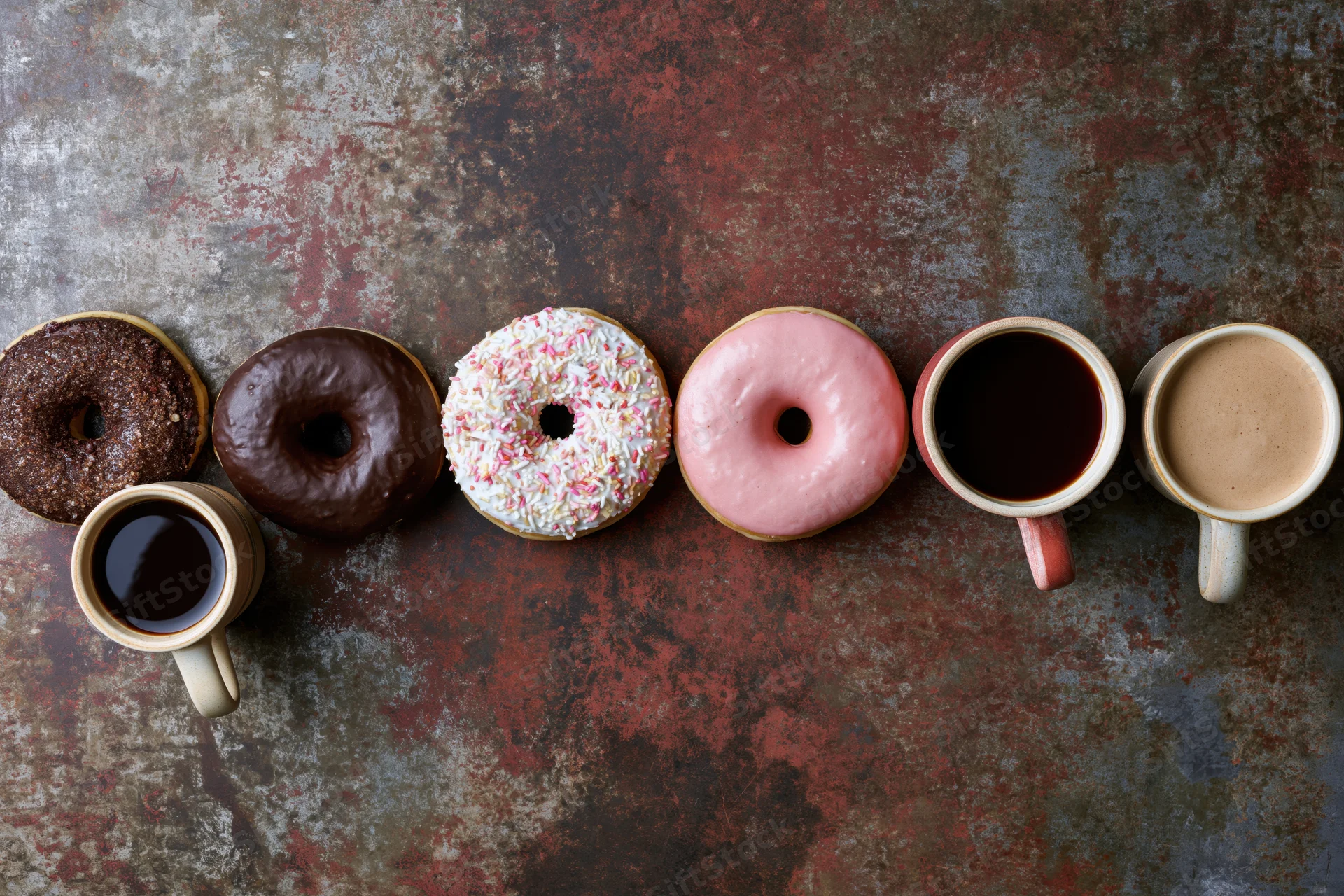 Alternating coffee mugs and glazed donuts arranged in a row on a rustic metal surface