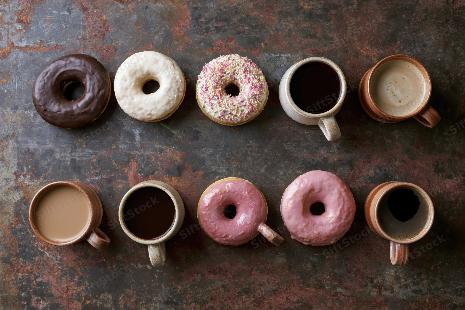 Alternating coffee mugs and glazed donuts arranged in rows on a rustic metal surface