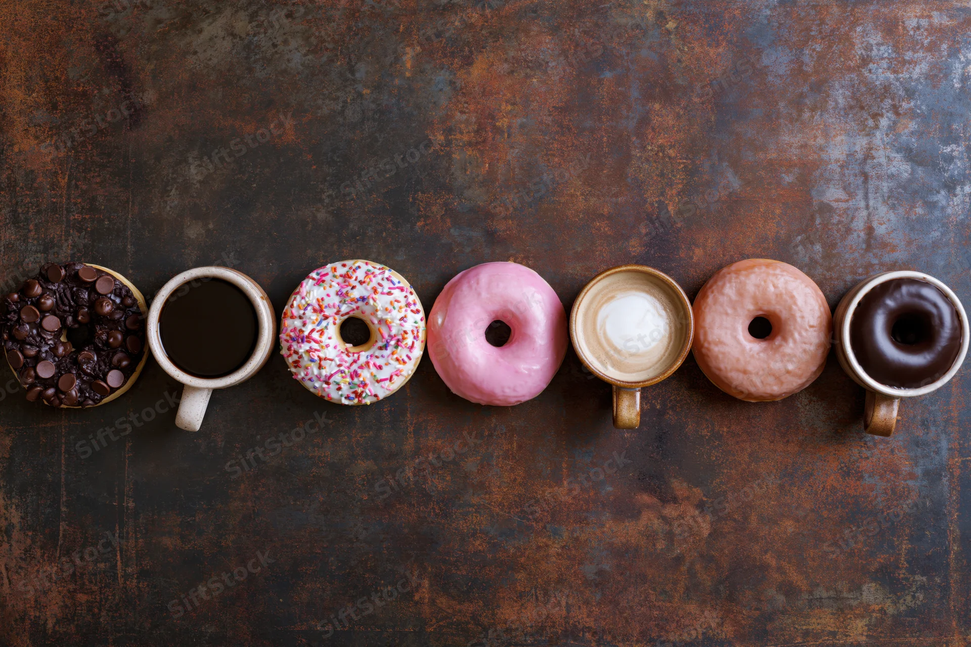 Alternating coffee mugs and glazed donuts arranged in a row on a rusted metal surface