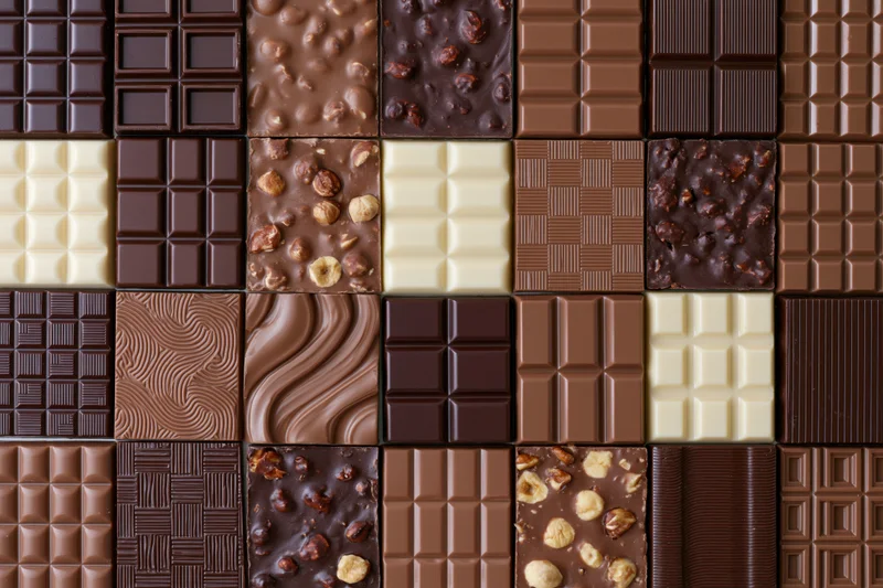 Assorted chocolate bars arranged in a grid pattern for a flat lay view