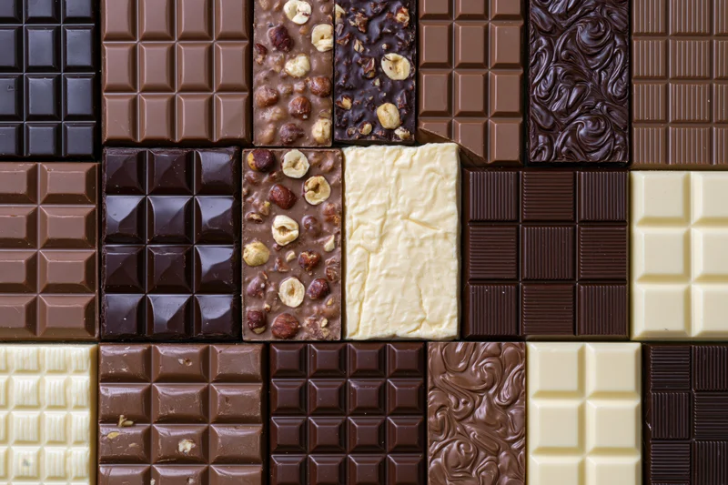 Assorted chocolate bars arranged in a grid pattern for a flat lay top view