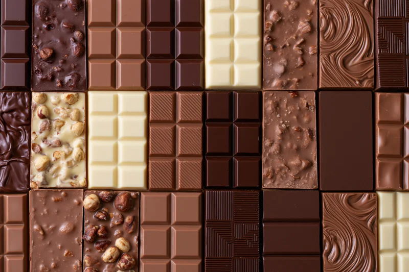 Assorted chocolate bars arranged in a grid pattern for a flat lay display