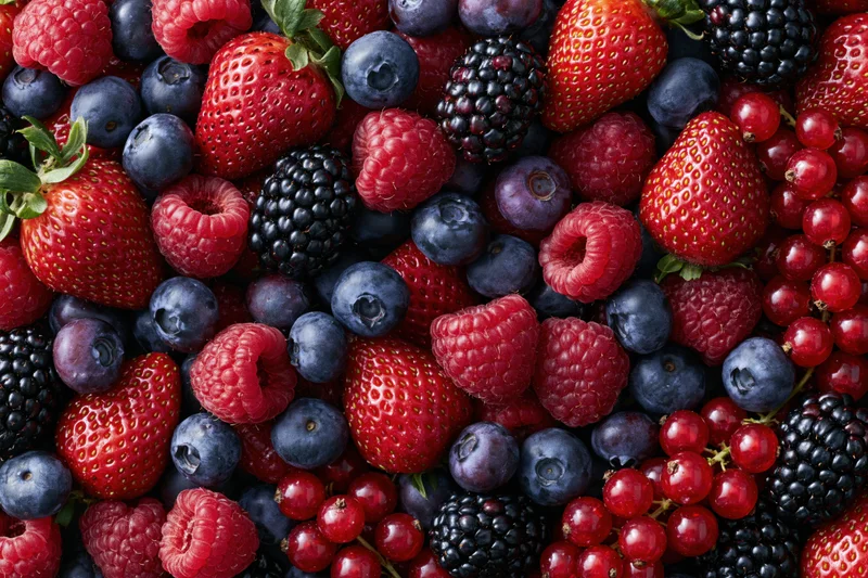Mixed fresh berries arranged in a flat lay covering the entire frame