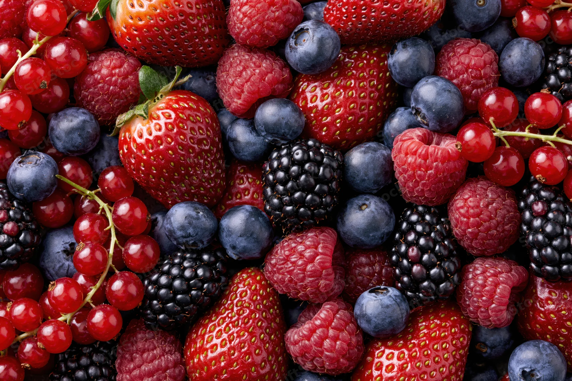 Mixed fresh berries arranged in a flat lay covering the entire frame