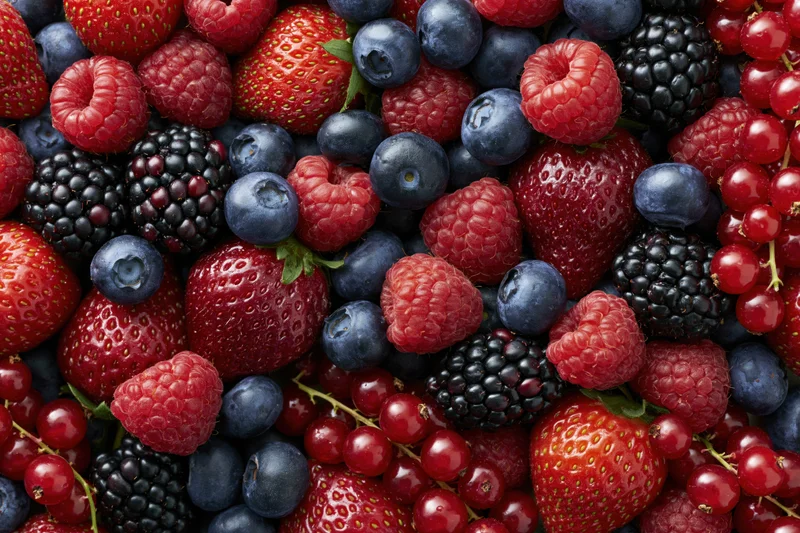 Mixed fresh berries arranged in a flat lay covering the entire frame