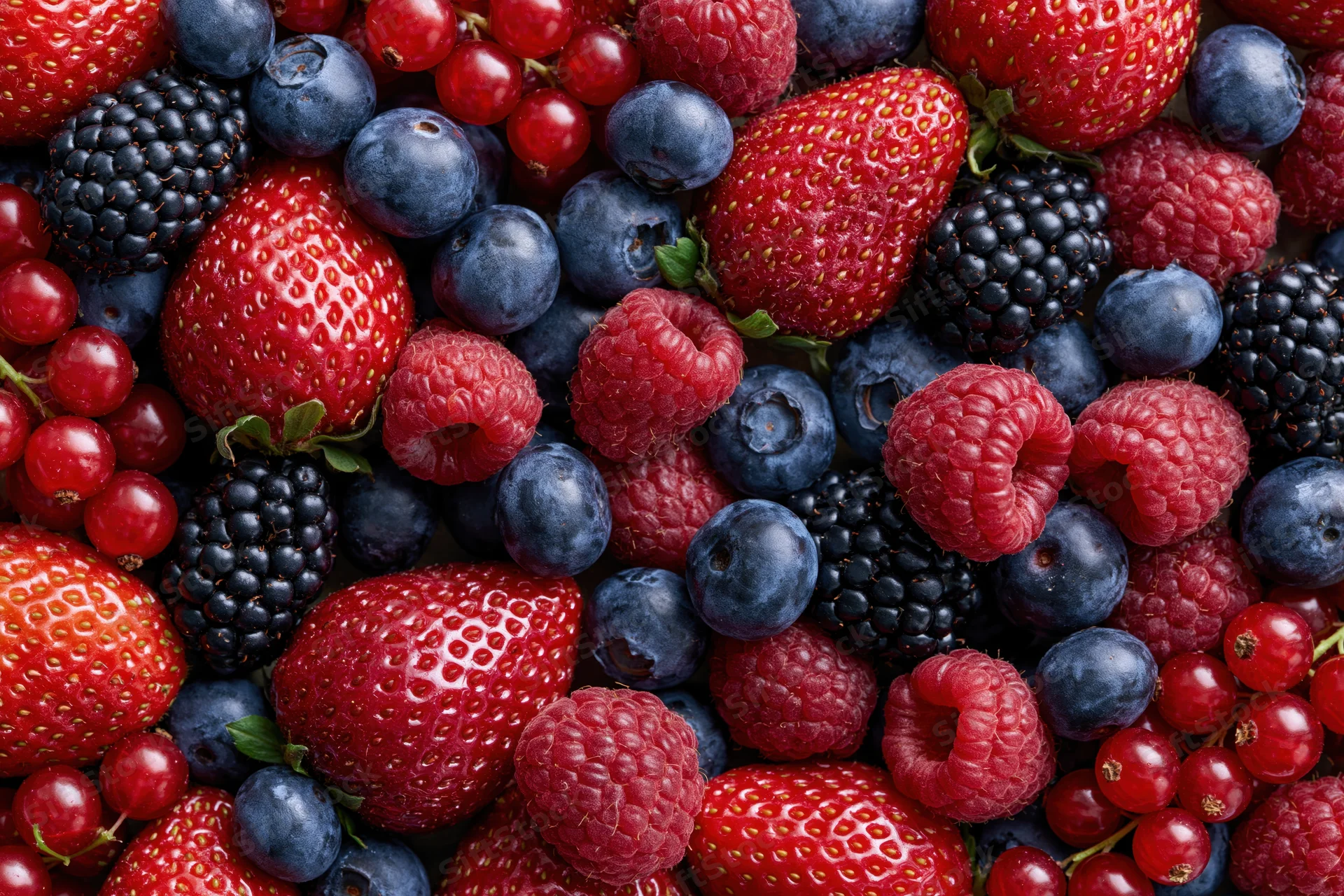 Mixed fresh berries arranged in a flat lay covering the entire frame