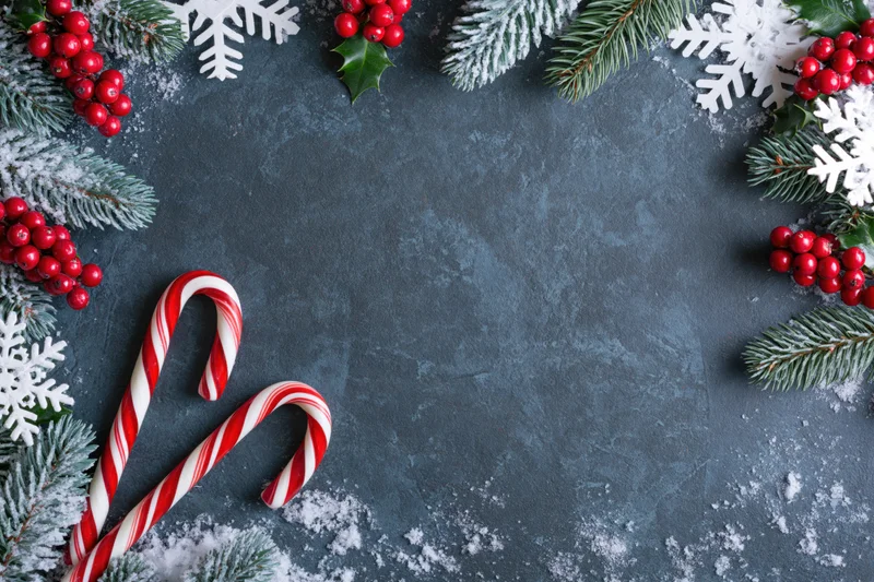Two red-and-white candy canes and frosted pine branches arranged in a border on a dark textured surface with copyspace