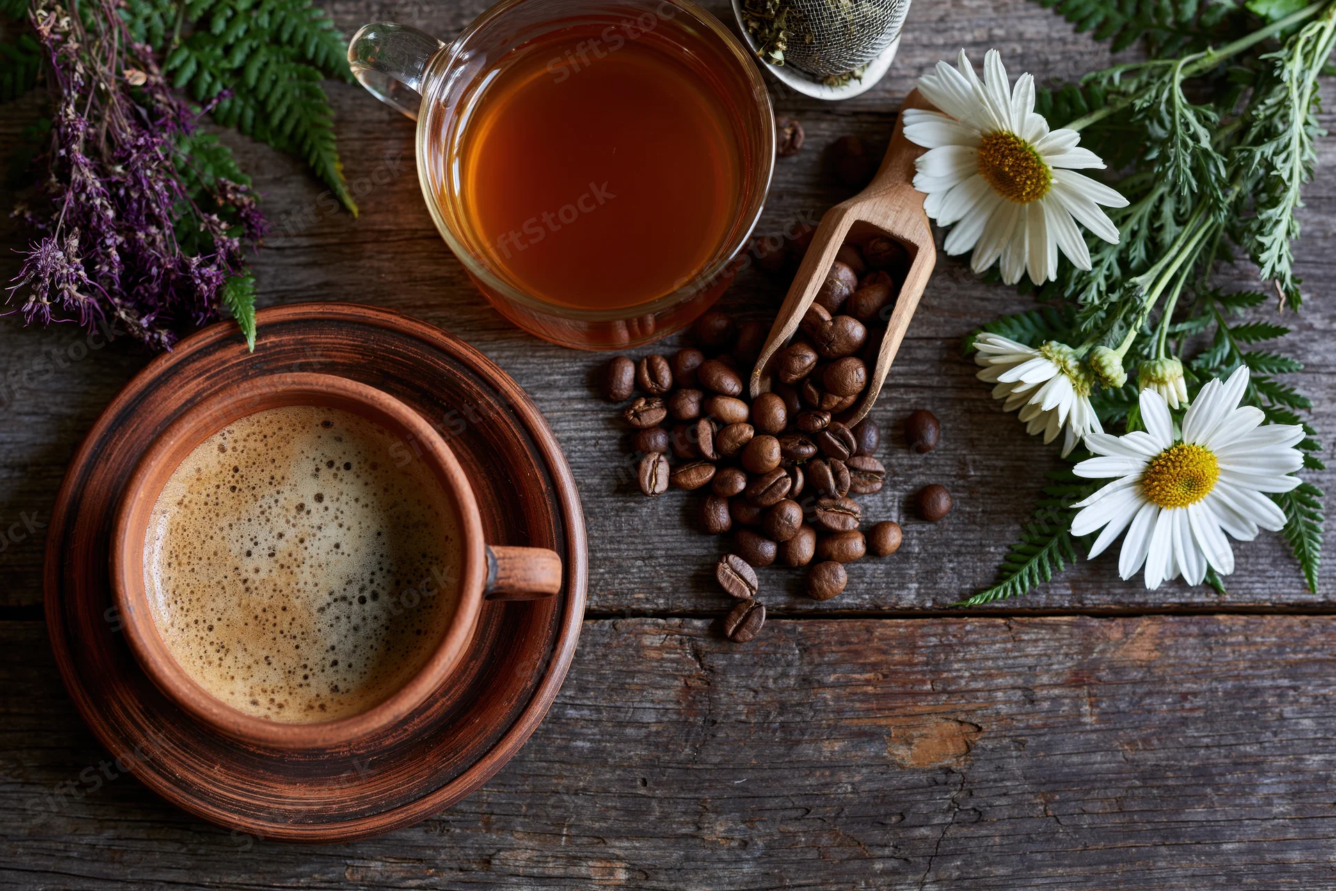 Terracotta coffee cup with foam on wooden table surrounded by coffee beans, chamomile flowers, herbs, and a glass of tea in flat lay overhead view