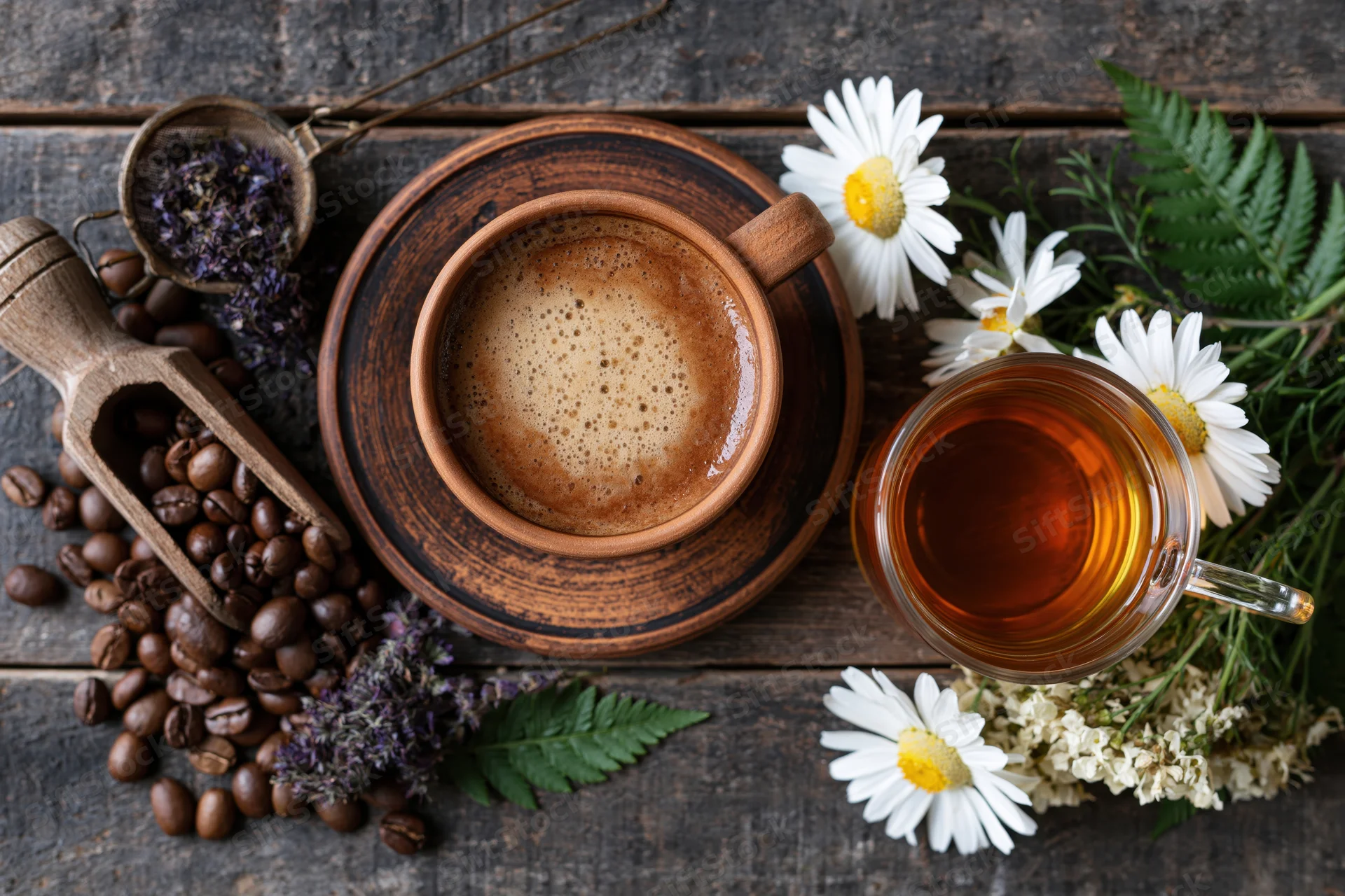 Terracotta coffee cup with saucer and scattered beans on rustic wooden table beside glass tea cup and chamomile flowers