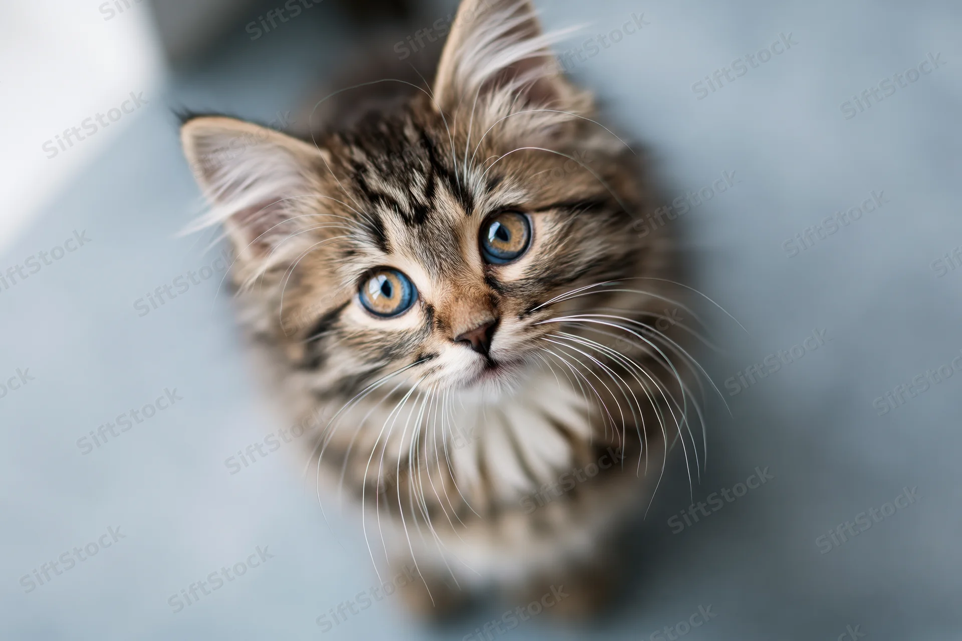 Fluffy tabby kitten looking up at camera with bright blue eyes in closeup portrait