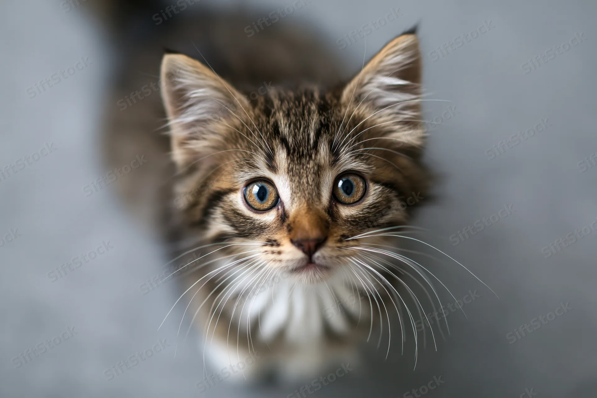 Fluffy tabby kitten looking directly up at the camera in a close-up portrait