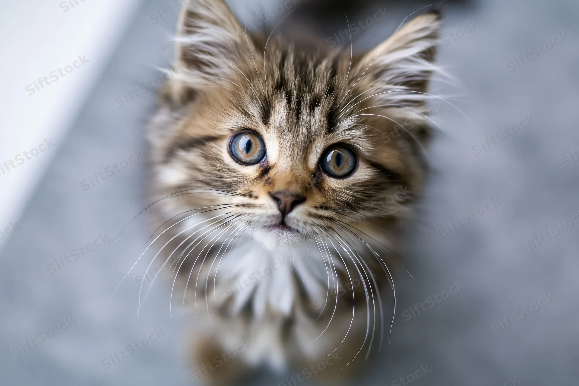 Fluffy tabby kitten looking up at camera with wide blue eyes in close-up portrait