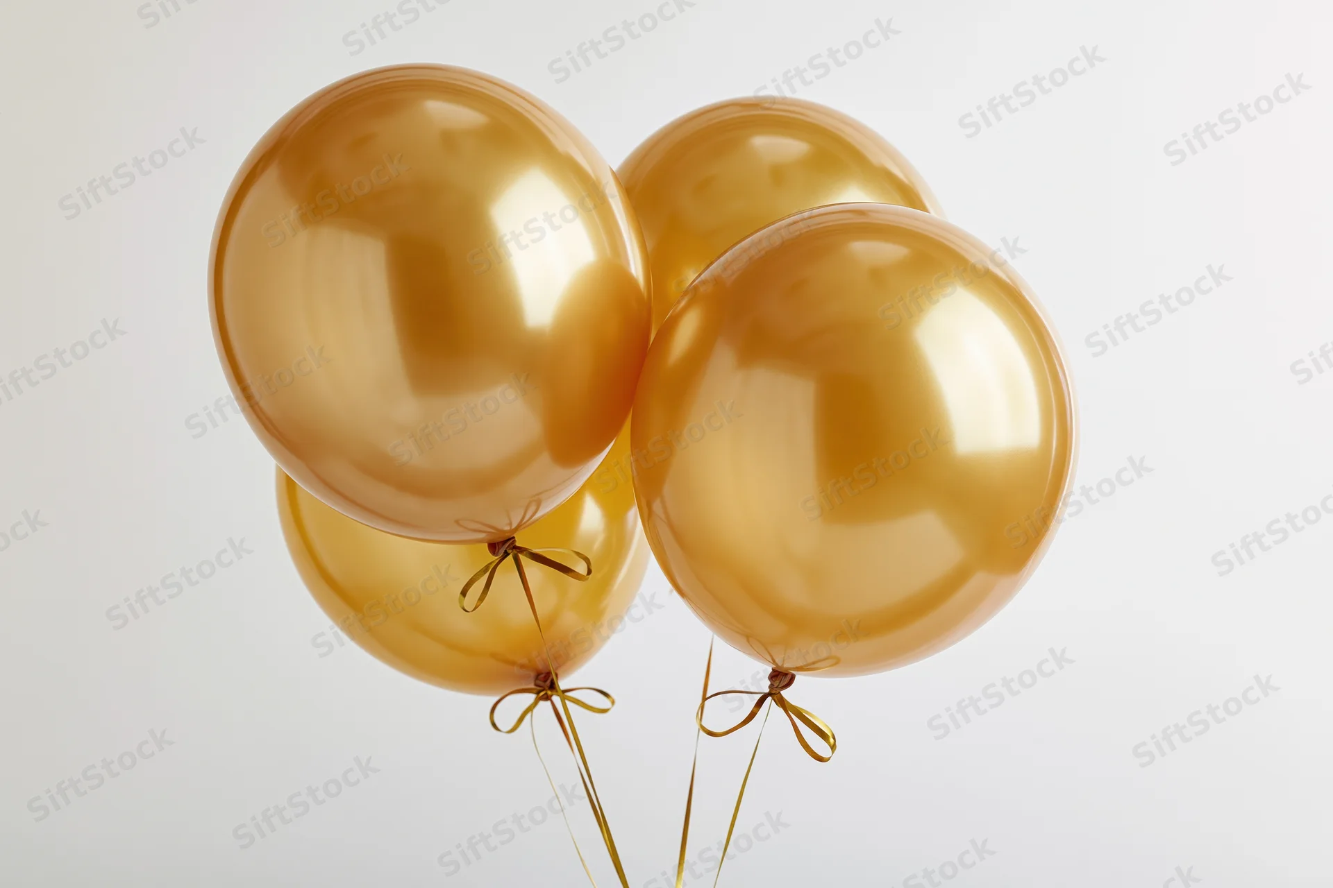 Four glossy gold helium balloons tied together floating against white background