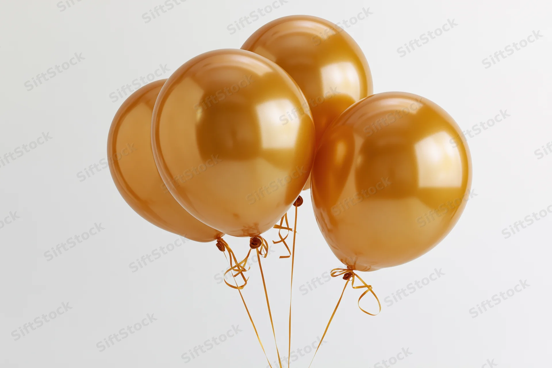 Glossy gold helium balloons clustered together with tied strings against white background