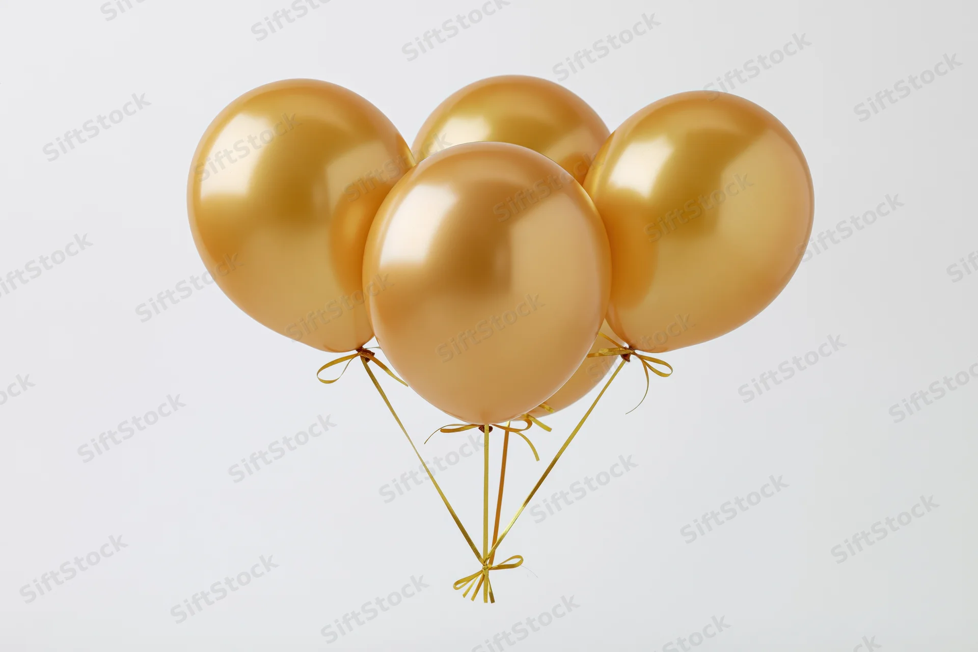 Four metallic gold helium balloons tied together floating against a white background