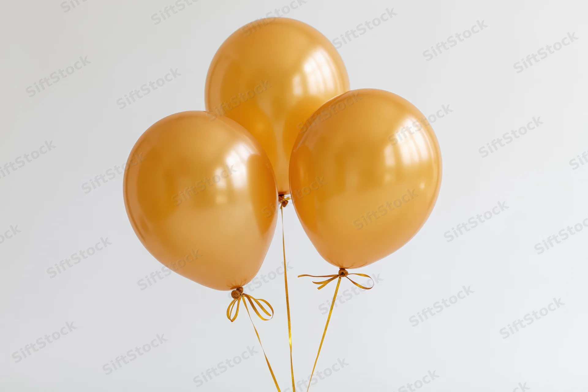 Four metallic gold helium balloons clustered together tied with ribbons against a white background