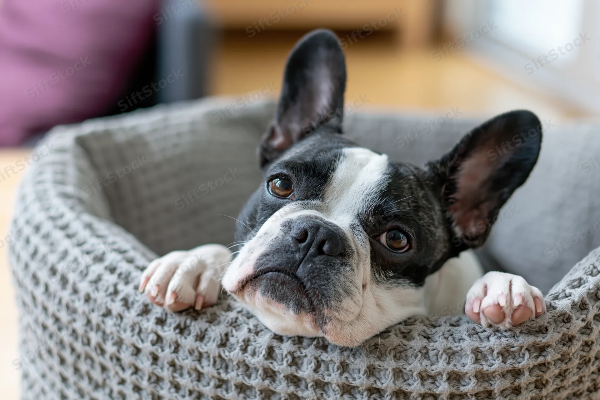 Frenchbulldog resting chin on knitted bed in home interior