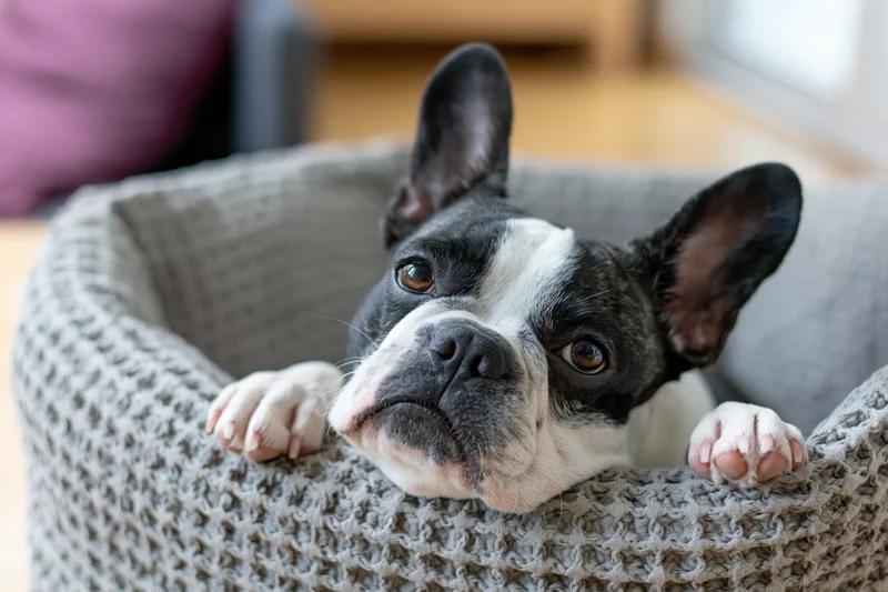 Frenchbulldog resting chin on knitted bed in home interior