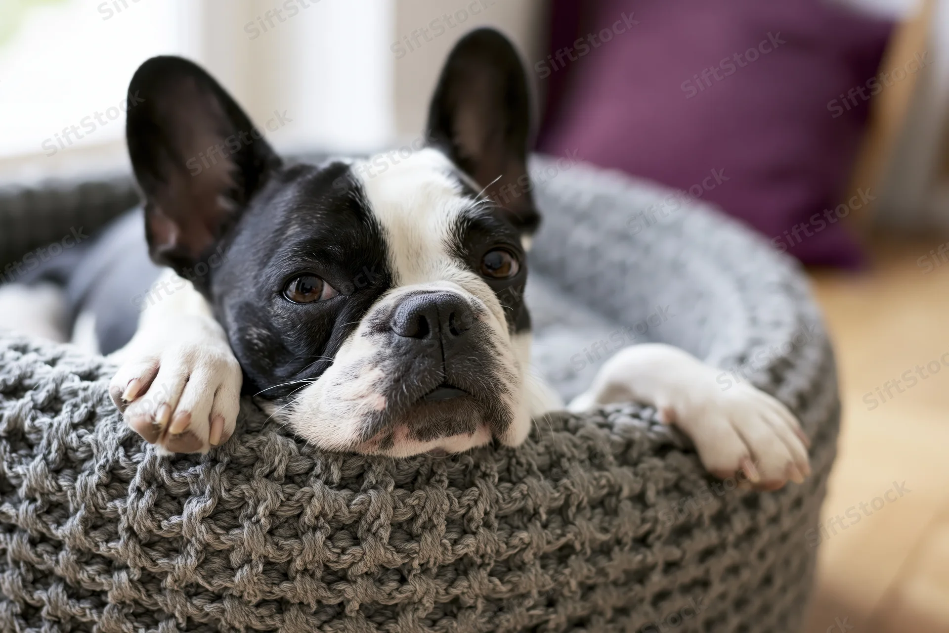 Frenchbulldog resting chin on knitted bed in home interior