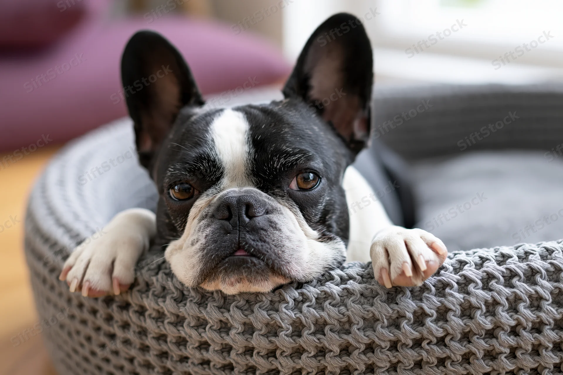 Frenchbulldog resting chin on knitted bed in home interior