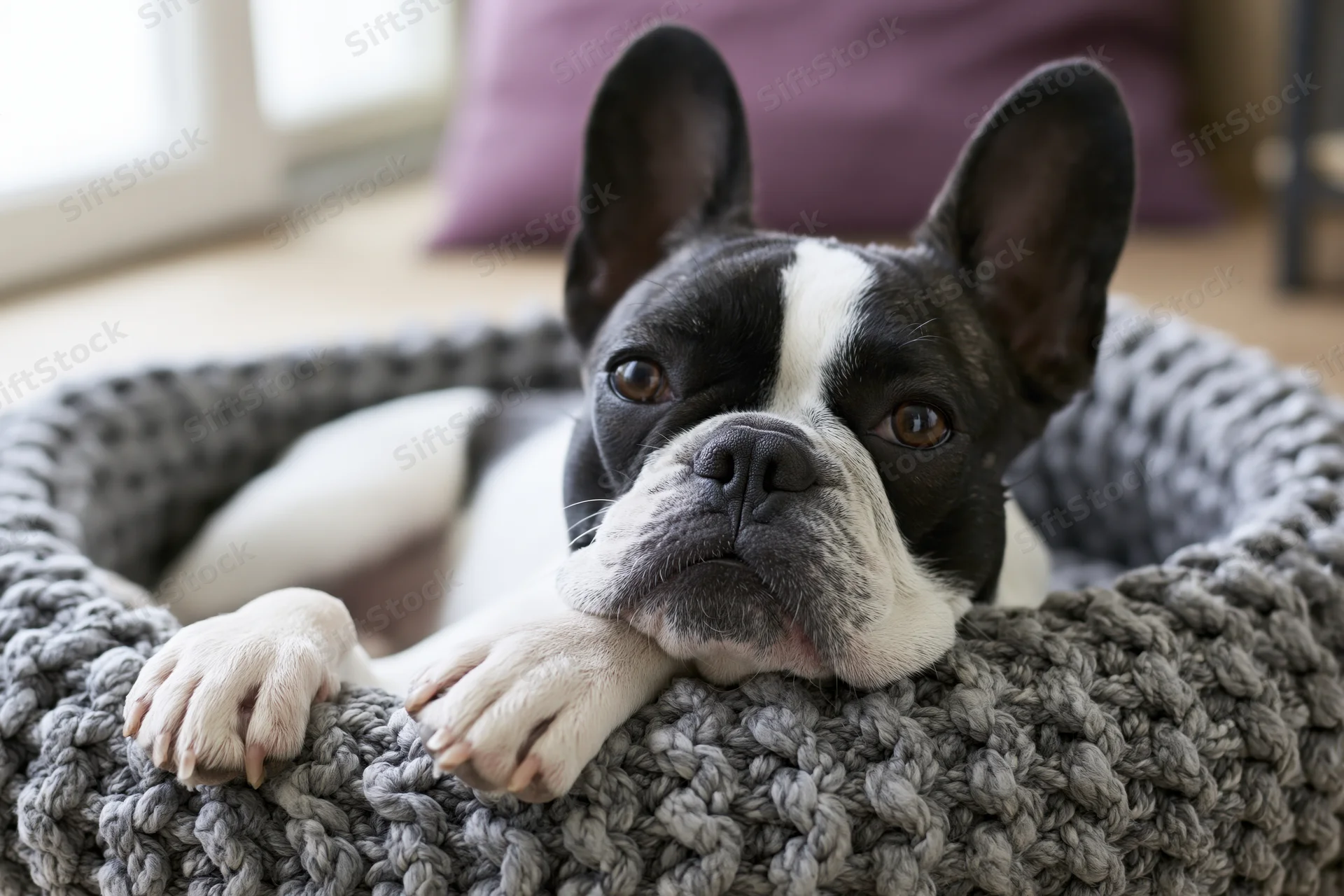 Frenchbulldog resting chin on knit basket with paws over edge in home interior