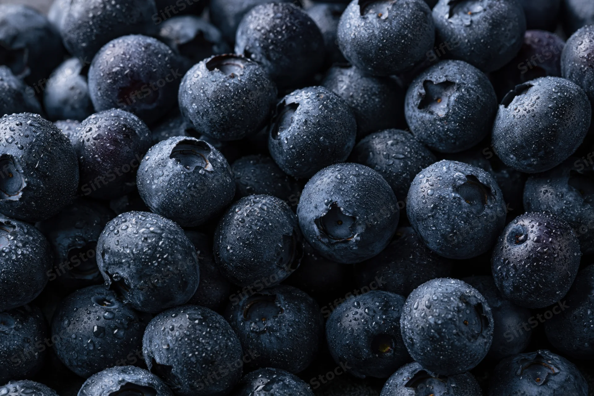 Closeup of fresh blueberries covered in water droplets filling the frame