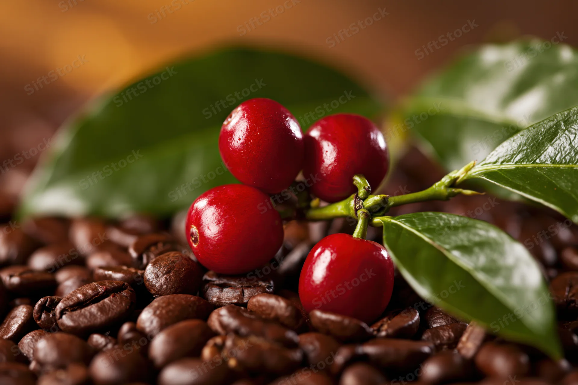 Coffee cherries on a green branch resting on roasted coffee beans