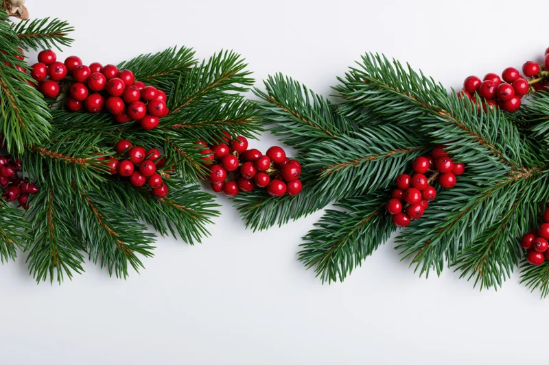 Pine branches with red holly berries arranged in a garland on white background