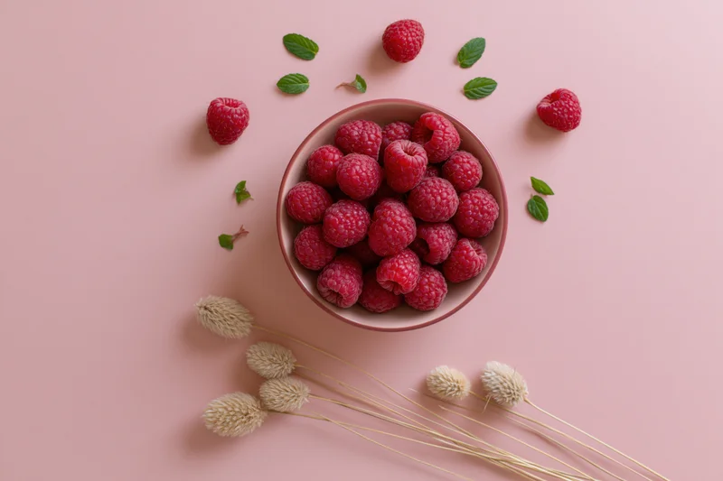 Fresh raspberries piled in a small round bowl with loose berries