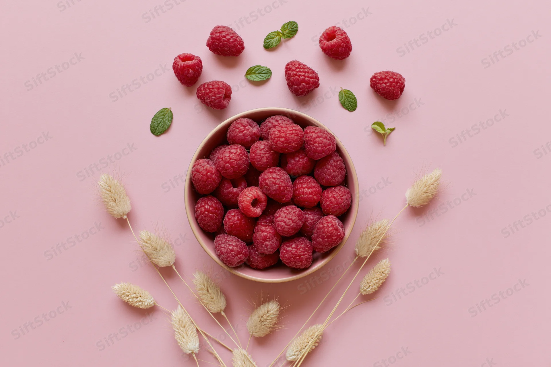 Fresh raspberries in a bowl with mint leaves and wheat stalks on pink background