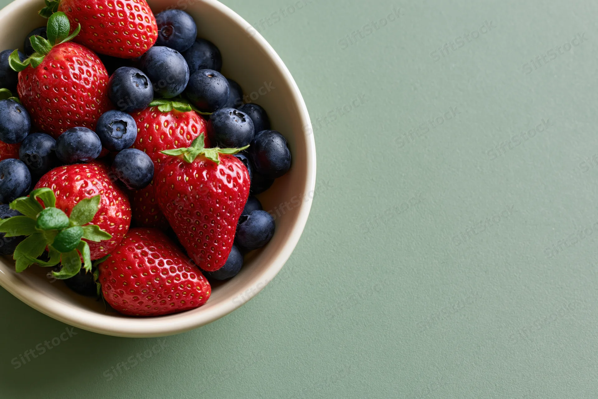 Strawberries and blueberries in a bowl on a green surface with copyspace