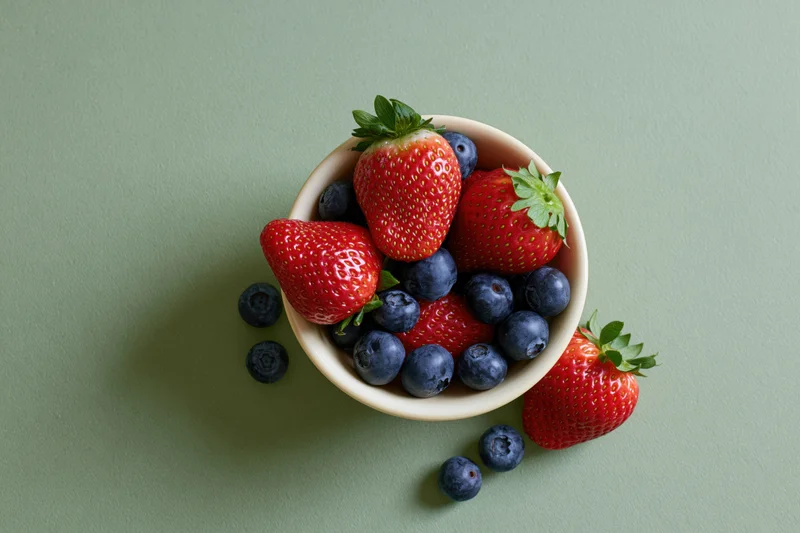 Strawberries and blueberries spilling from a white bowl onto a green surface