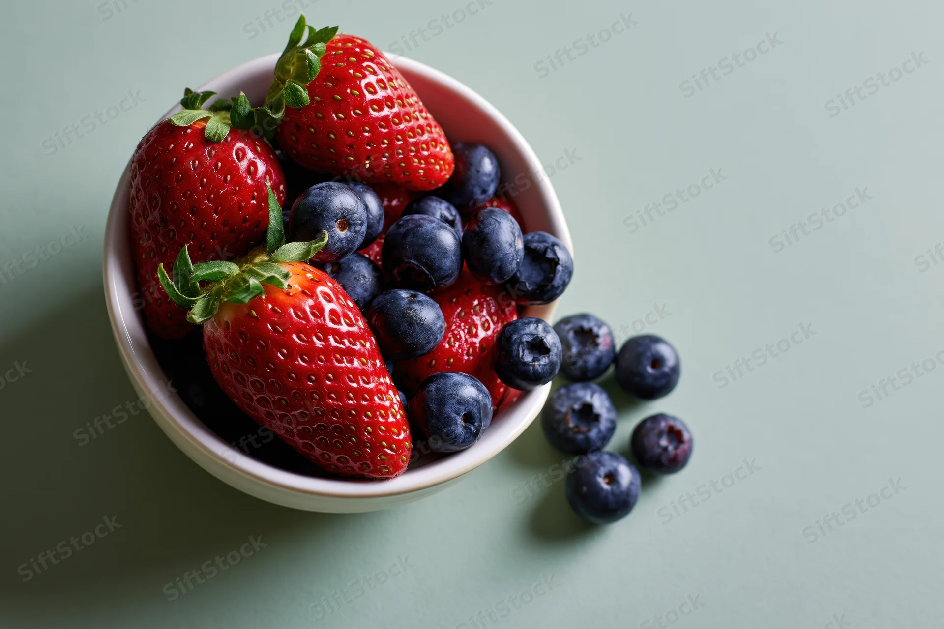 Strawberries and blueberries spilling from a white bowl on a mint green surface