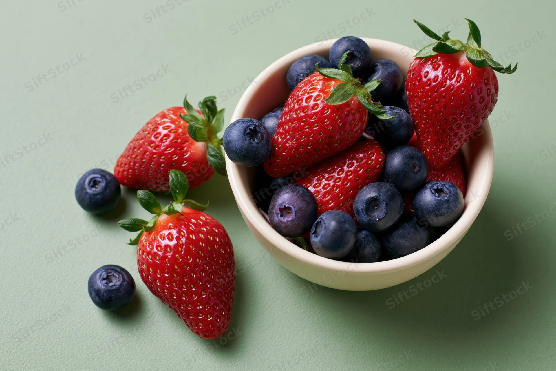 Fresh strawberries and blueberries spilling from a white bowl on a green surface