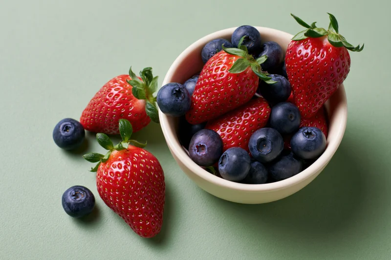 Fresh strawberries and blueberries spilling from a white bowl on a green surface