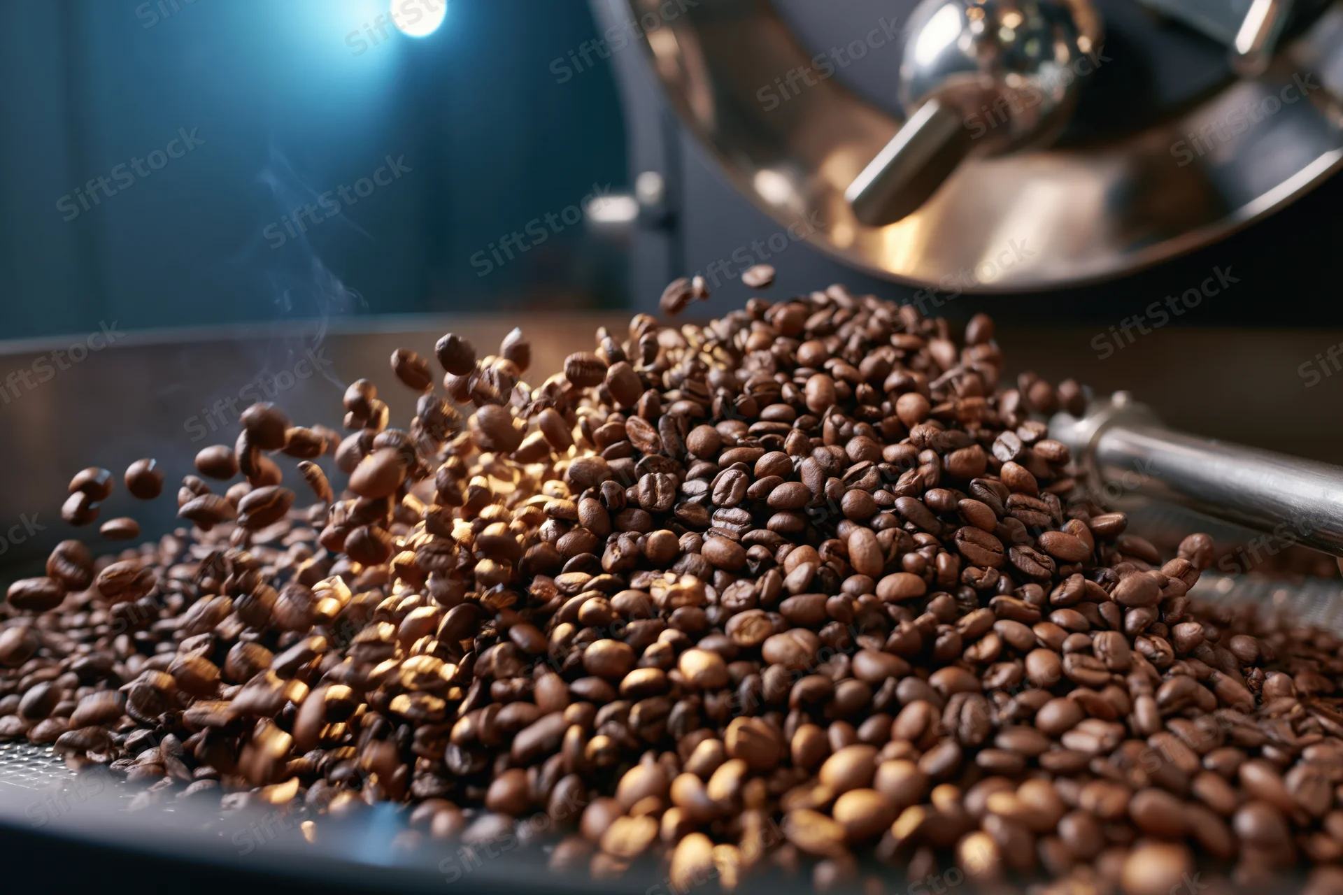 Roasted coffee beans cascading from a roasting machine into a metal tray