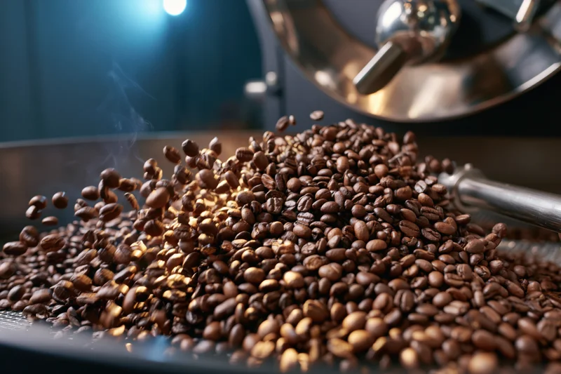 Roasted coffee beans cascading from a roasting machine into a metal tray