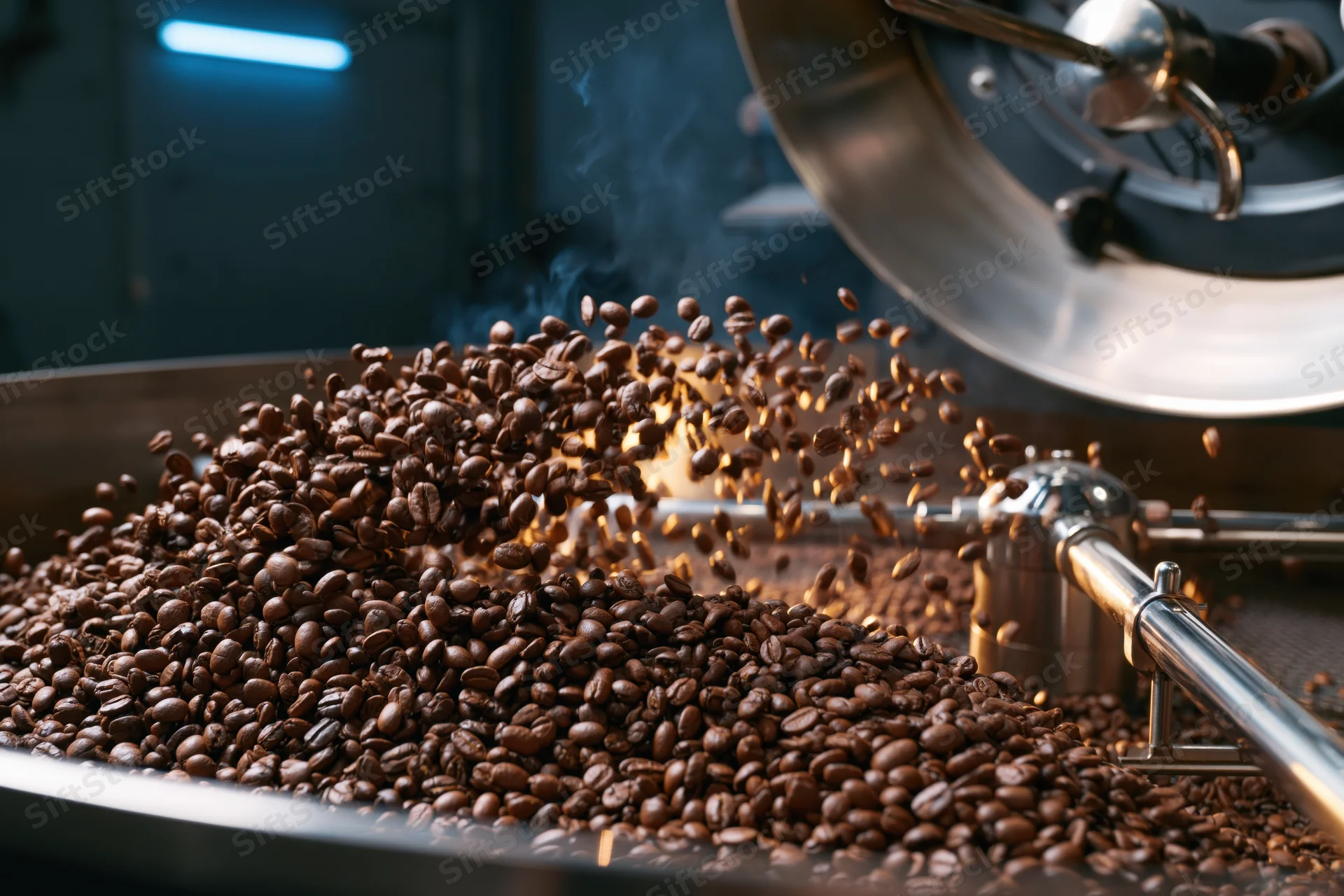 Freshly roasted coffee beans tumbling from a roasting machine in an industrial setting