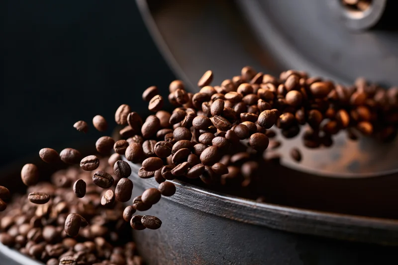 Roasted coffee beans cascading from a metal roasting drum in a close-up studio shot