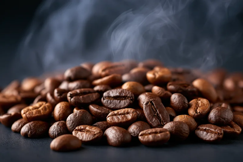 Freshly roasted coffee beans piled on a dark surface with rising steam